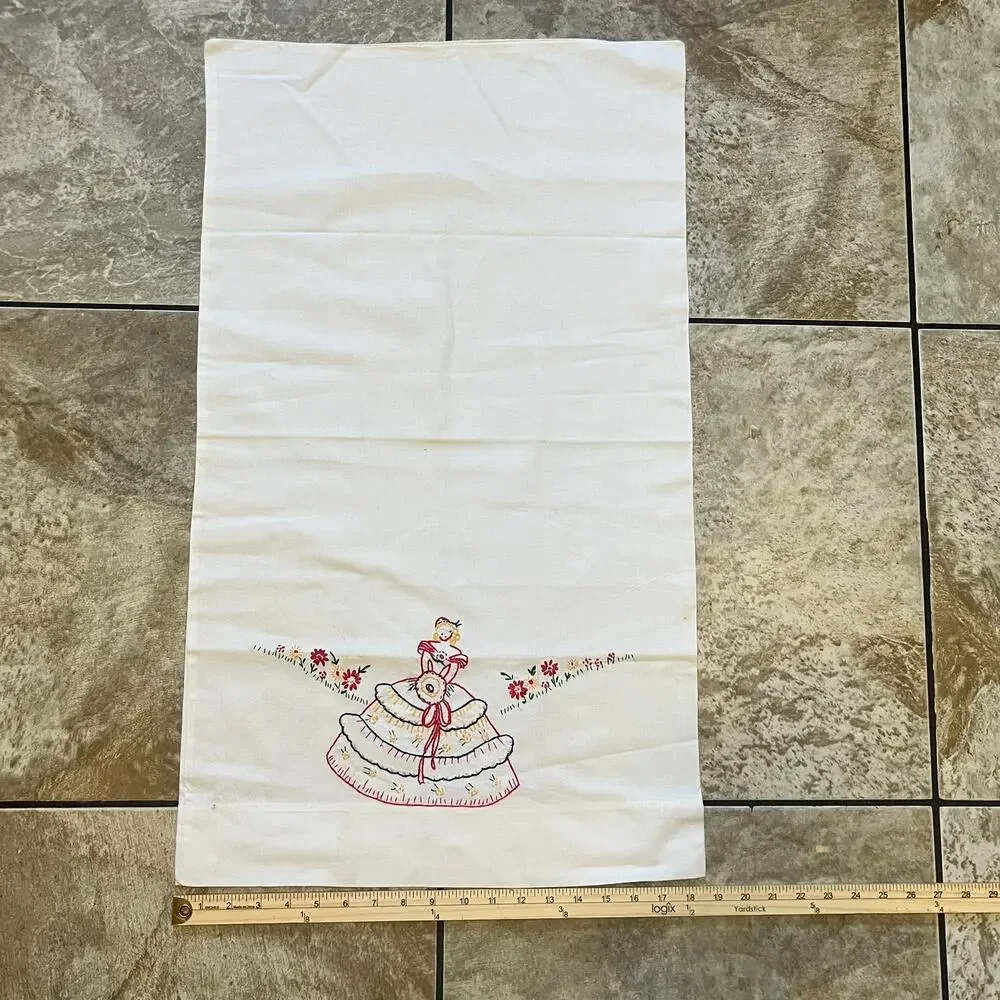 Vintage Embroidered Pillowcase Southern Belle Parasol Floral 1940s Americana
